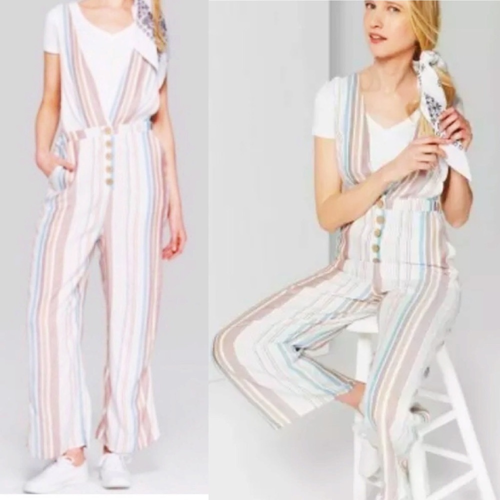 Wild Fable Striped Sleeveless Deep V-Neck Button Jumpsuit M